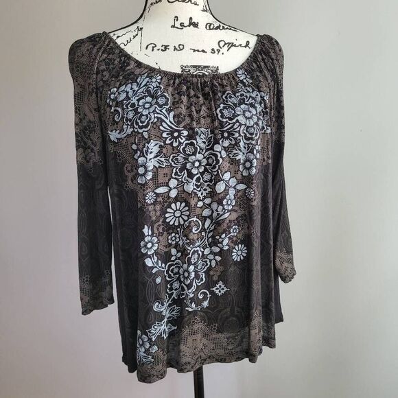 Vintage y2k graphic print blouse 3/4 sleeve large grunge rocker - Picture 1 of 10